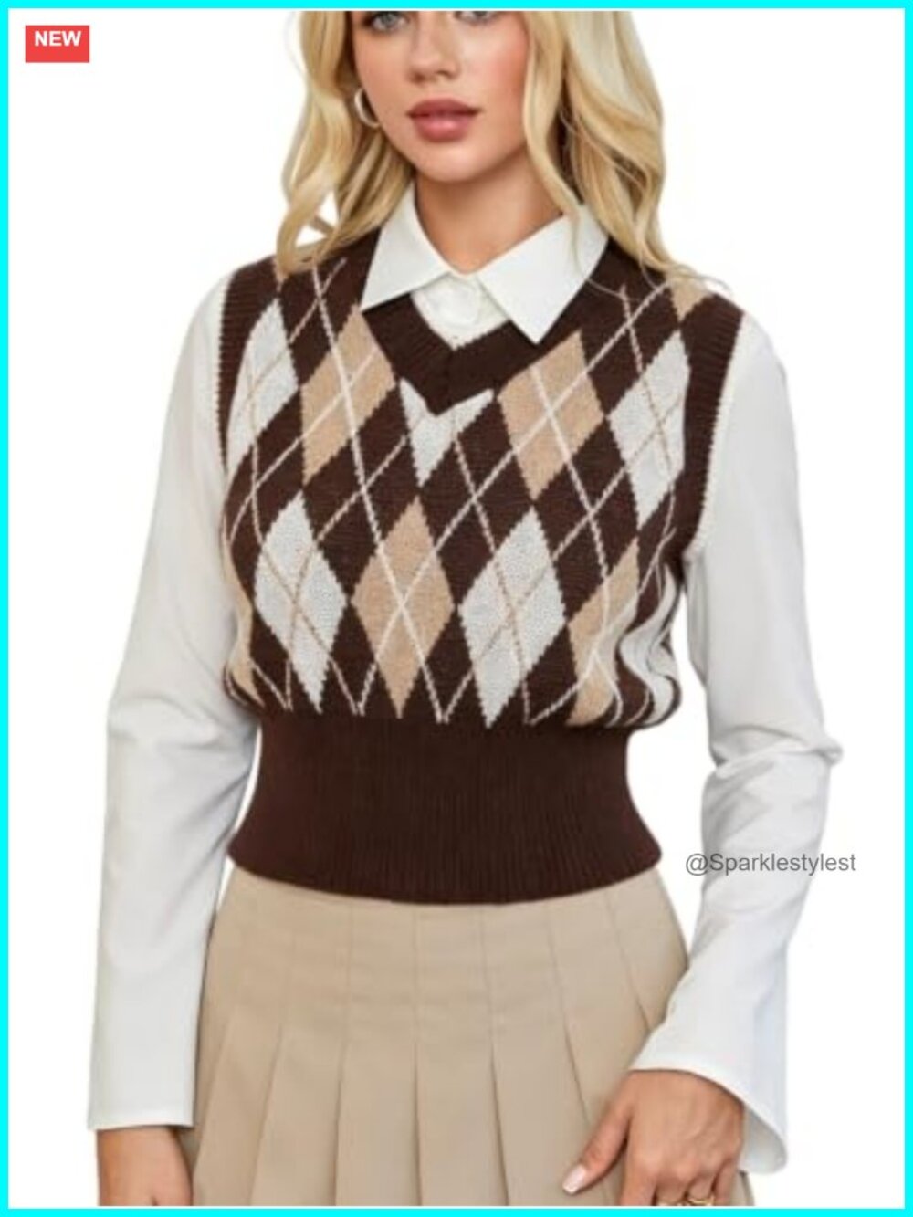 Plaid Argyle Sweater Vest Preppy Knit Tank Top Sleeveless V Neck Crop